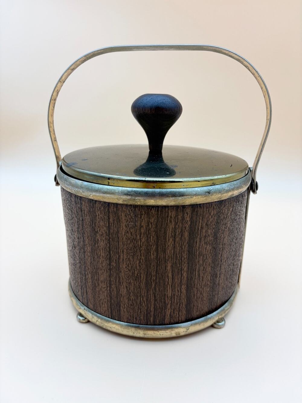 Vintage Ice Bucket Faux Wood Grain Milk Glass Liner Brass Tone MCM Barware